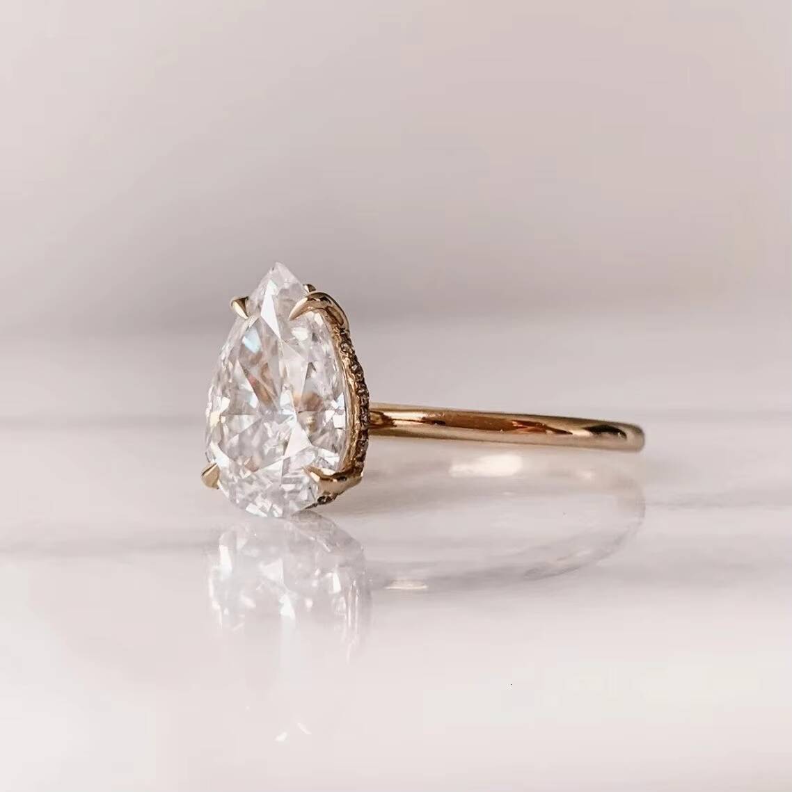 Minimalist Jewelry Hidden Halo 14k Gold Pear Cut Solitaire Moissanite Engagement Rings