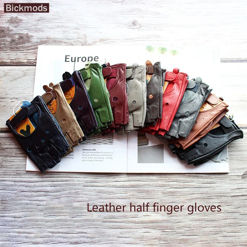 Leather HalfFinger Gloves Female Fitness Fashion Driver Driving SingleLayer Unlined Hollow Short Motorcycle Riding Gloves 251027