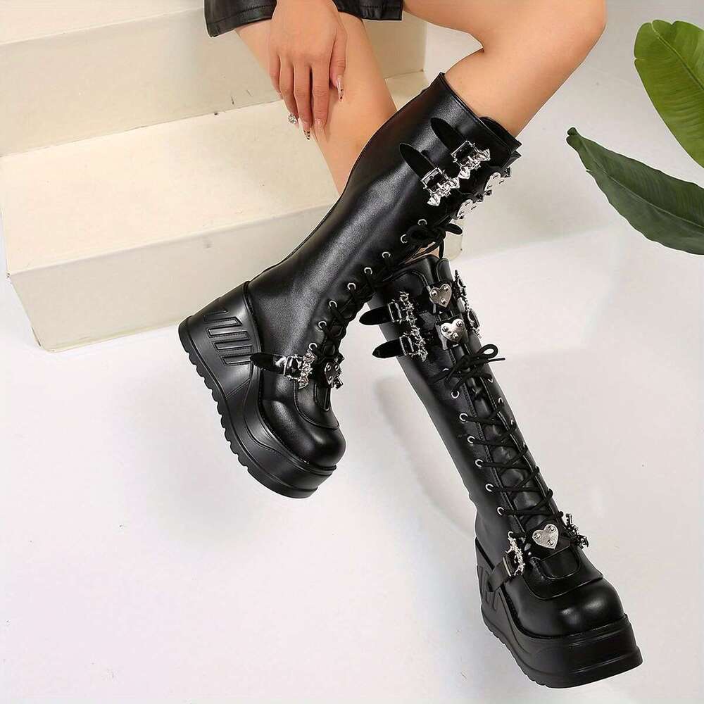 Women's Chunky Platform Boots Mid-Heel Anklet-Like Chains, Faux Cover Upper With Cushioned EVA Sole All-Day Comfort For Parties, Everyday & Forma