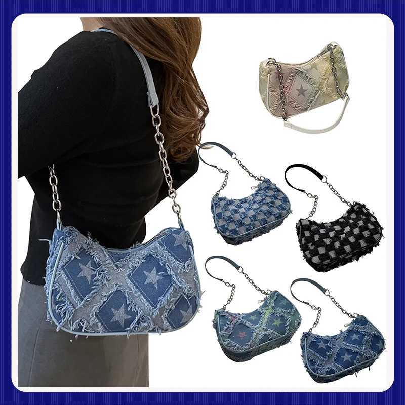 Wed Denim Casual Bag for Wen Shoder Bag Checkered Tassel Trim Underarm Purse Lady Blue Canvas Simple Shoder Bag D251028