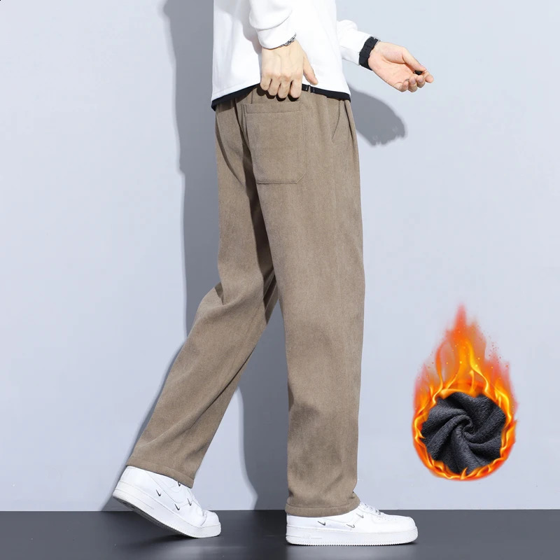 Coffee Khaki Black Gray Loose Casual Pants Men Winter Fleece Thermal Fashion Trousers Thick Velvet Straight Wide Leg Sweatpants 251027
