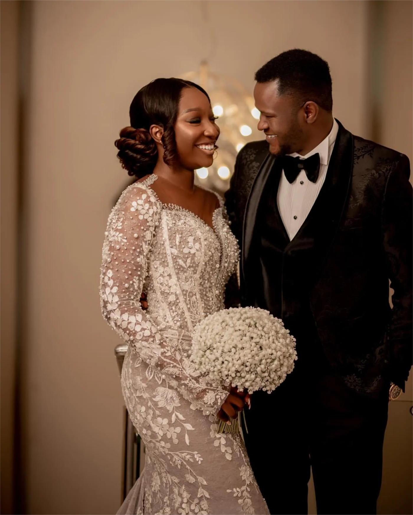 Aso Ebi Illusion Mermaid Wedding Dress in Ivory with Lace Beaded and Sheer Neck