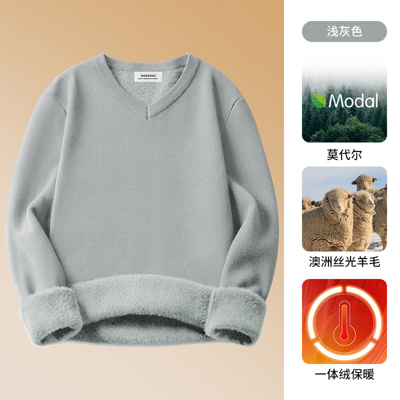 Autumn Winter Wool Modal One-piece Fleece V-neck Sweater Men's Warm Designer Sweater Thickened Knitted Base Shirt