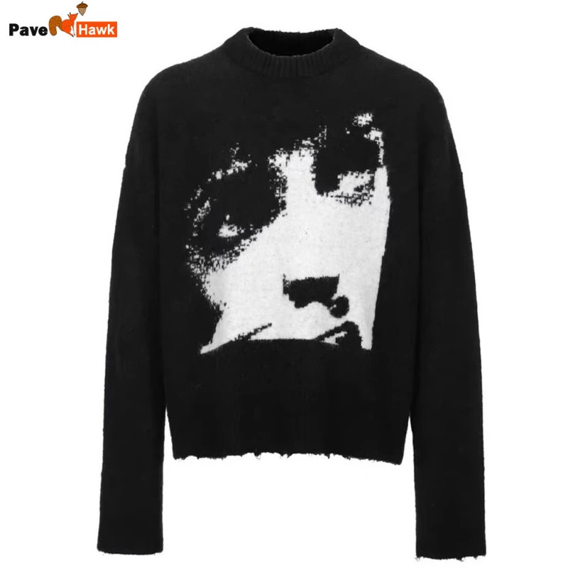 Mens Retro Gothic Knitted Sweaters Portrait Pattern Knitting Pullover Autumn Winter Streetwear Loose Hip Hop High Street Sweater 251023