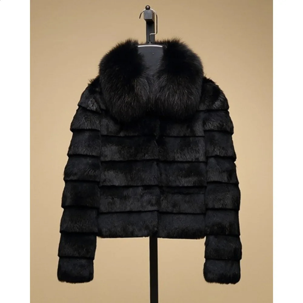 OFTBUY Rabbit Fur Coat with Fox Fur Collar Women Full Pelt Fox Fur Jacket Winter Rabbit Fur Waistcoat High Street 251027