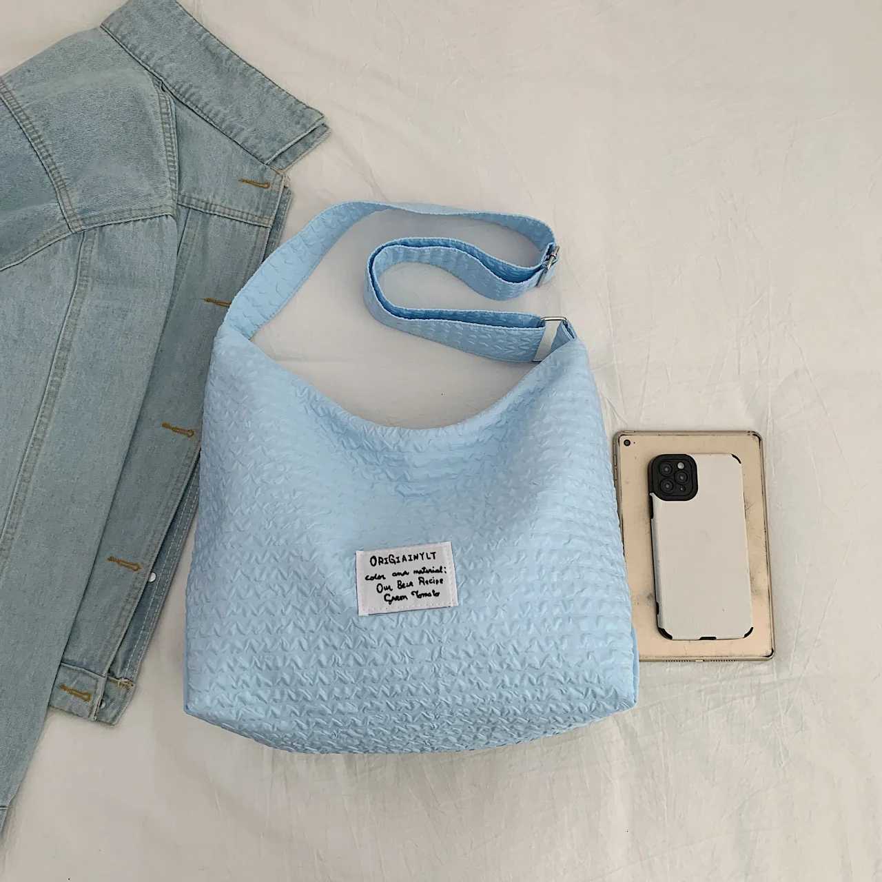 Solid Color Large Capacity Nylon Tote Bag Simple Lightweight Shoulder Bag Wide Shoulder Strap Crossbody BagT251028