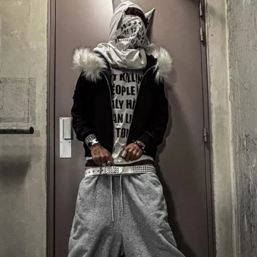 Y2K Retro Zip up Hoodie Faur Collar Harajuku Streetwear Hip Hop Zipper Sweatshirt Hoodies Unisex Rock Goth Loose Punk EMO Jacket 251027