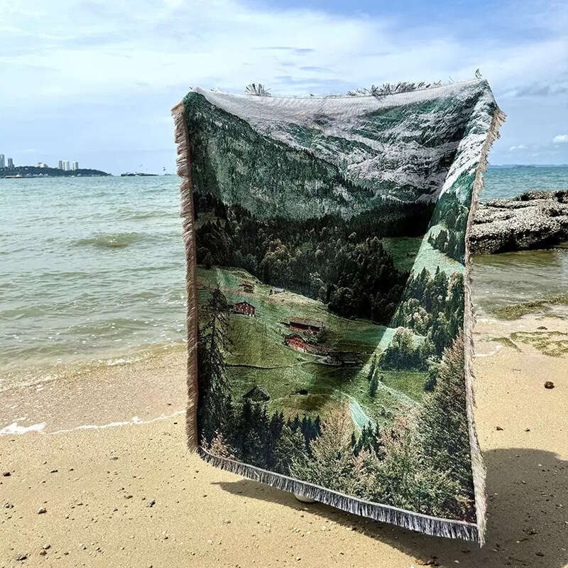 Mountain Landscape Picnic Sofa Throw Tapestry Cover Jacquard Woven Thread Blanket