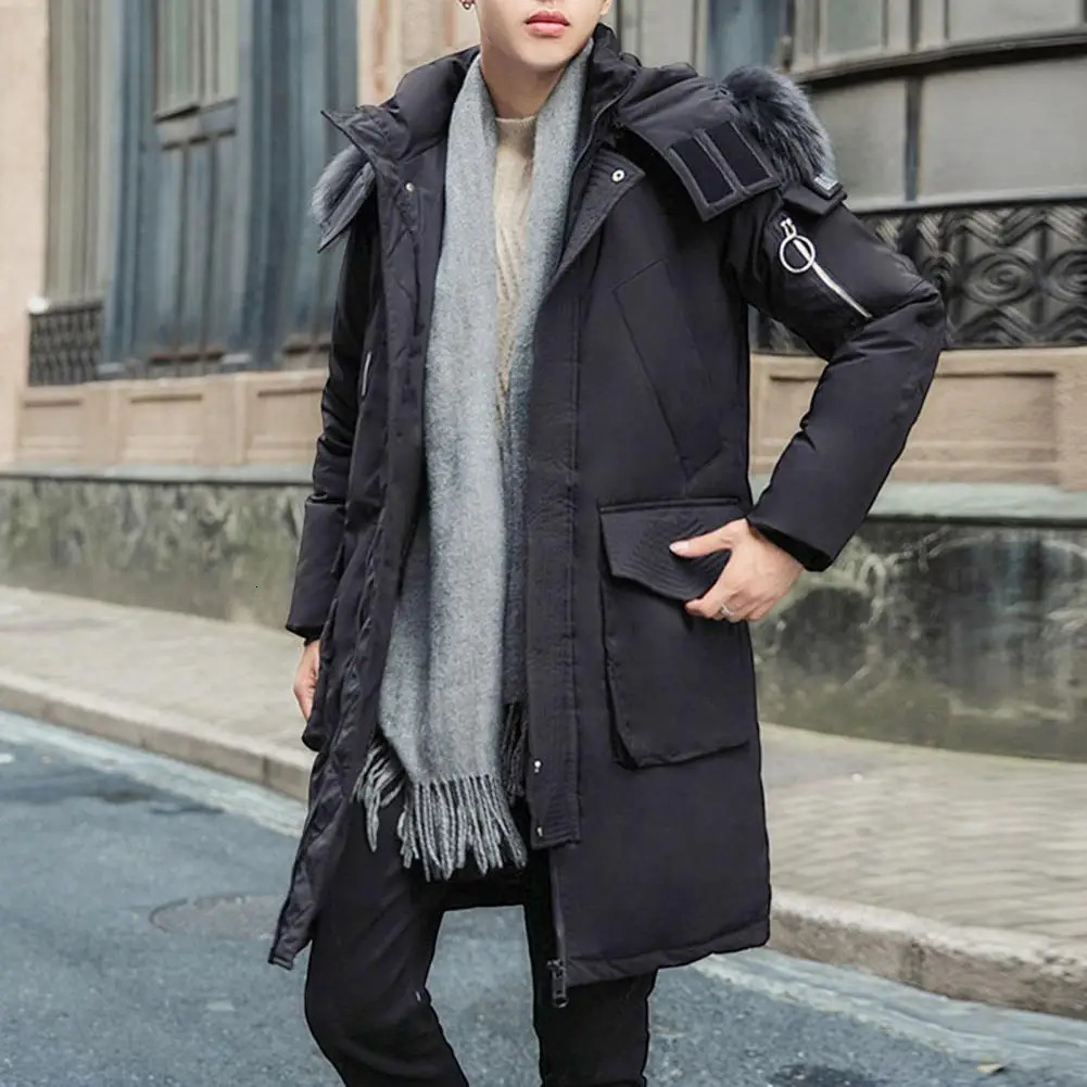 Men Down Jacket Fur Collar Hooded Long Sleeve Solid Color Winter Coat Zipper Placket Pockets Thickened Puffer Outwear 251023