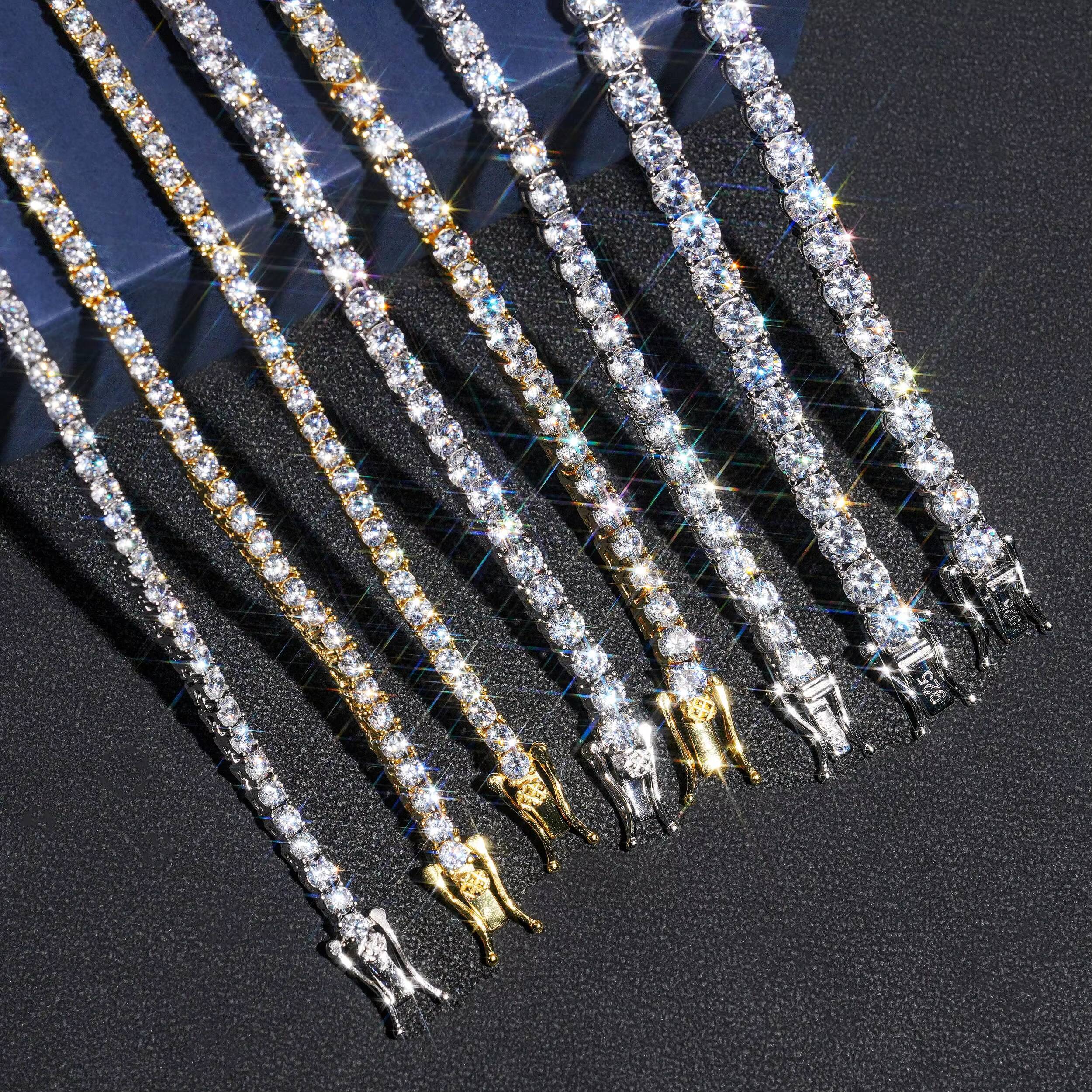 925 Silver 5A Moissanite Affordable 3mm 4mm 5mm Tennis Chain Necklace Bracelet 18k Gold Plated Necklace Hip Hop Rock