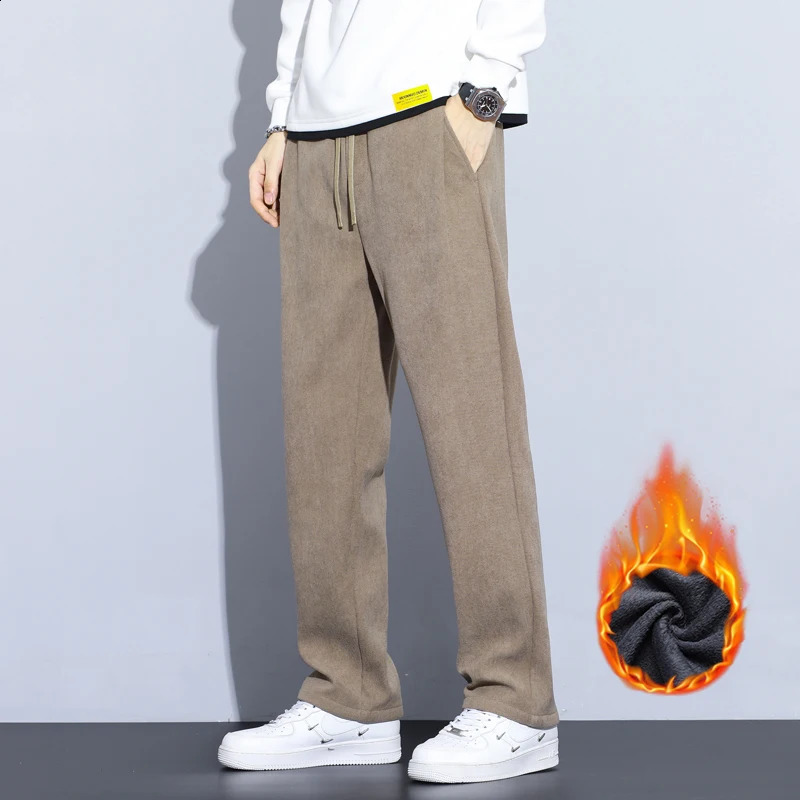 Coffee Khaki Black Gray Loose Casual Pants Men Winter Fleece Thermal Fashion Trousers Thick Velvet Straight Wide Leg Sweatpants 251027