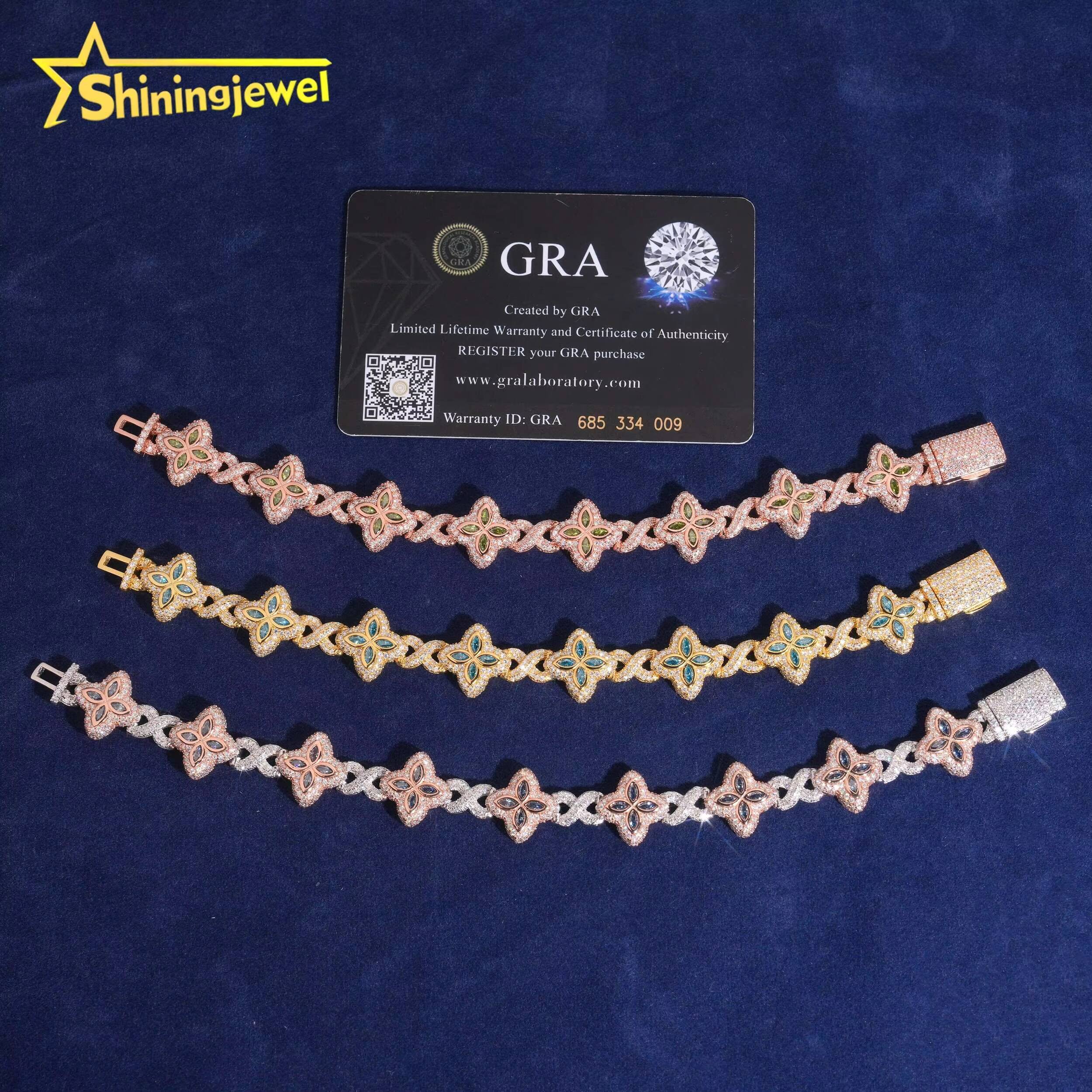 15mm Marquise Cut Color Moisasnite Cuban Bracelet 925 Silver Moissanite Diamond Bracelet Hip Hop Jewelry