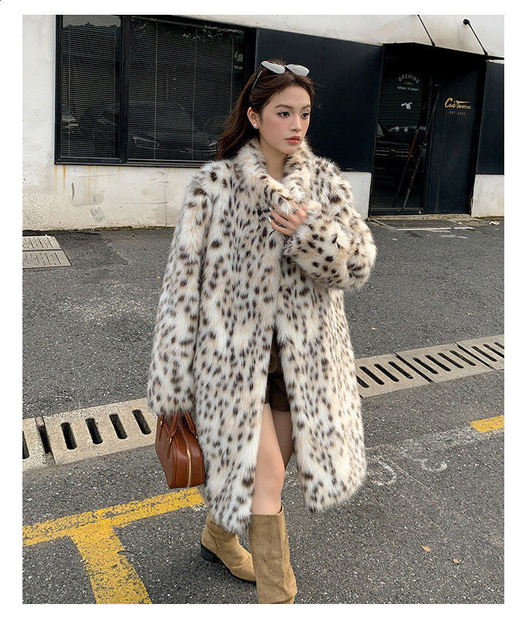 Leopard Print Thickened Niche Design EcoFriendly Faux Fox Fur Collar Fur Coat for Women
