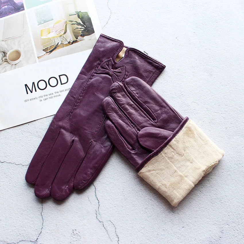 Winter Warm Color Leather Gloves Women Fashion Striped Style Velvet Lining Motorcycle Riding Driving Points 251027