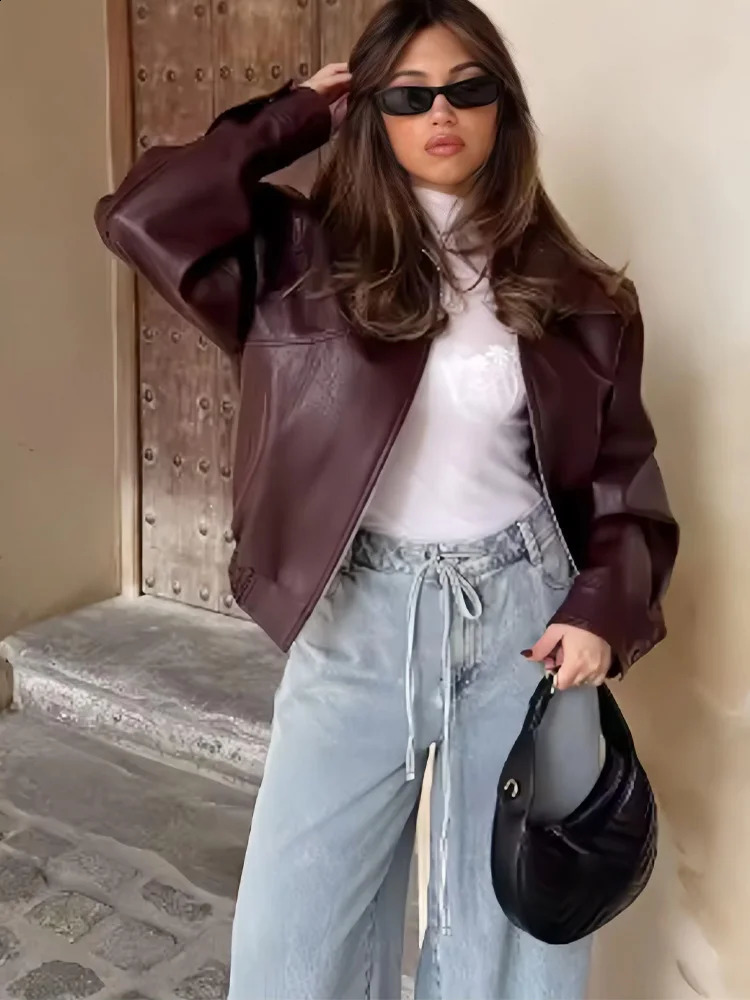 Autumn Women American Style Vintage Solid Bordeaux Red Short Jacket Womens Zipper Long Sleeve Chic Leather Jacket 251027