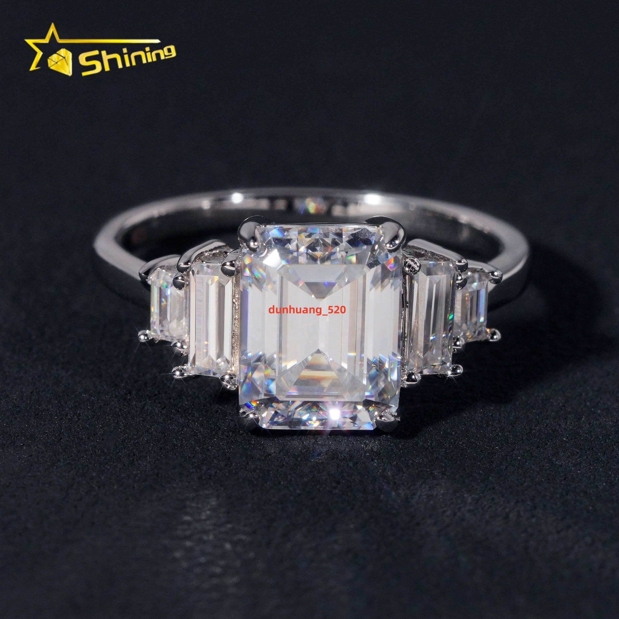 Wholesale Gold Plated Rhodium Plated Vvs Moissanite 925 Silver Diamond Emerald Cut 3ct Women Engagement Wedding Ring