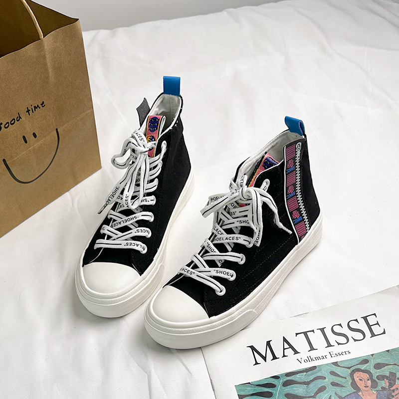 2025High-top canvas shoes women's autumn new platform black trend casual color-blocking student fashion