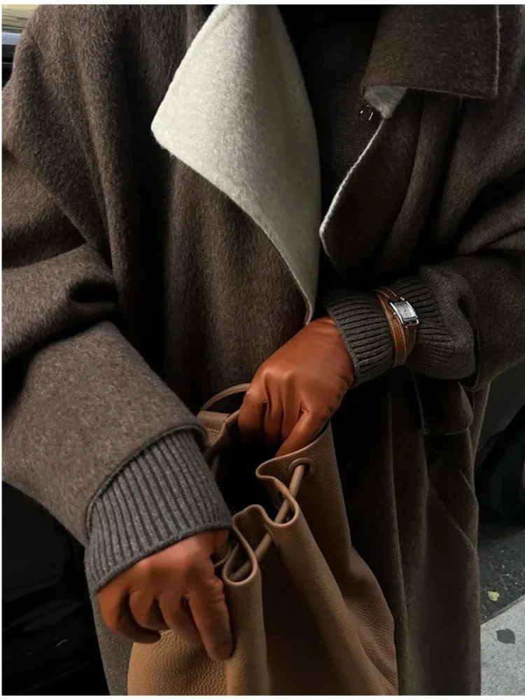 Elegant Patchwork Woolen Long Coat Women Lapel Long Sleeve Single Breasted Pocket Overcoats Autumn Lady Office Outwears 251023