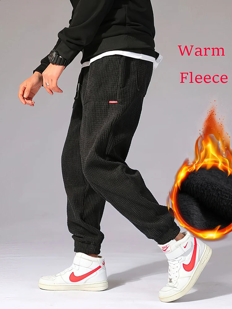 Autumn Winter Warm Motorcycle Jogger Corduroy Pants Men Tech Fleece Sweatpants Casual Harem Male Sport Thermal Trousers 251027