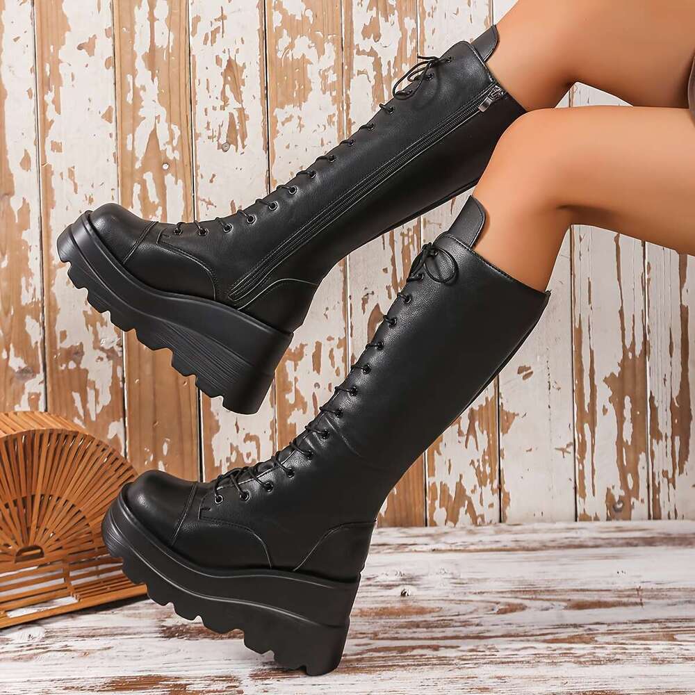 1Pr Women's All-Season Casual Mid-Calf Boots - Solid Color, High Platform Wedge, Side Zipper, Plain Toe, Rubber Sole, Fabric Insole, Man-Made Upp