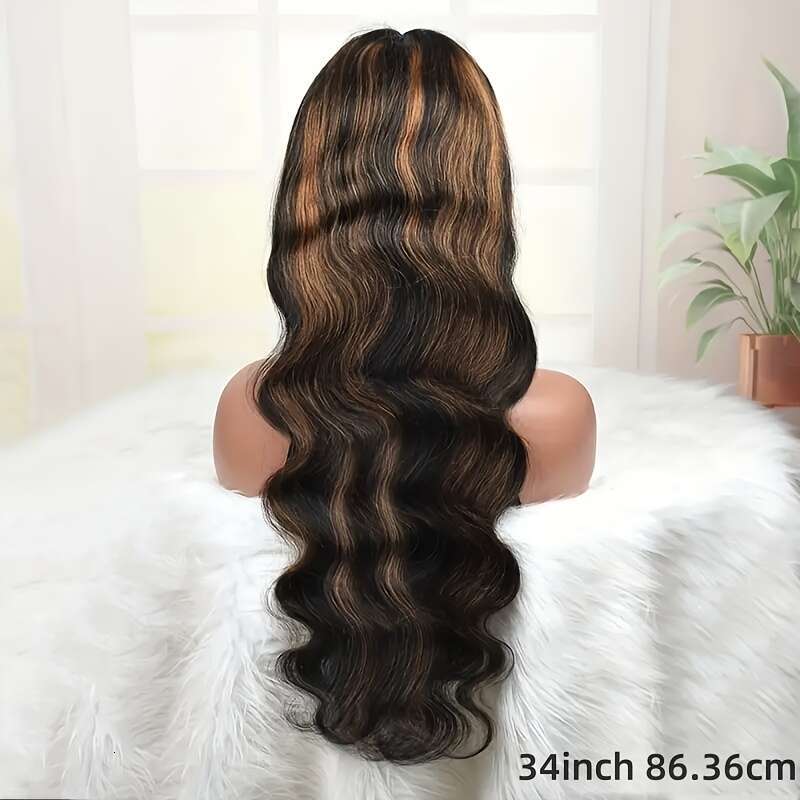 5X5 Glueless Lace Front With Brown Highlights - Pre-Plucked Loose Body Wave Human Hair Long Black Hairpiece For Women, Ready To Wear Natural Look, Wig