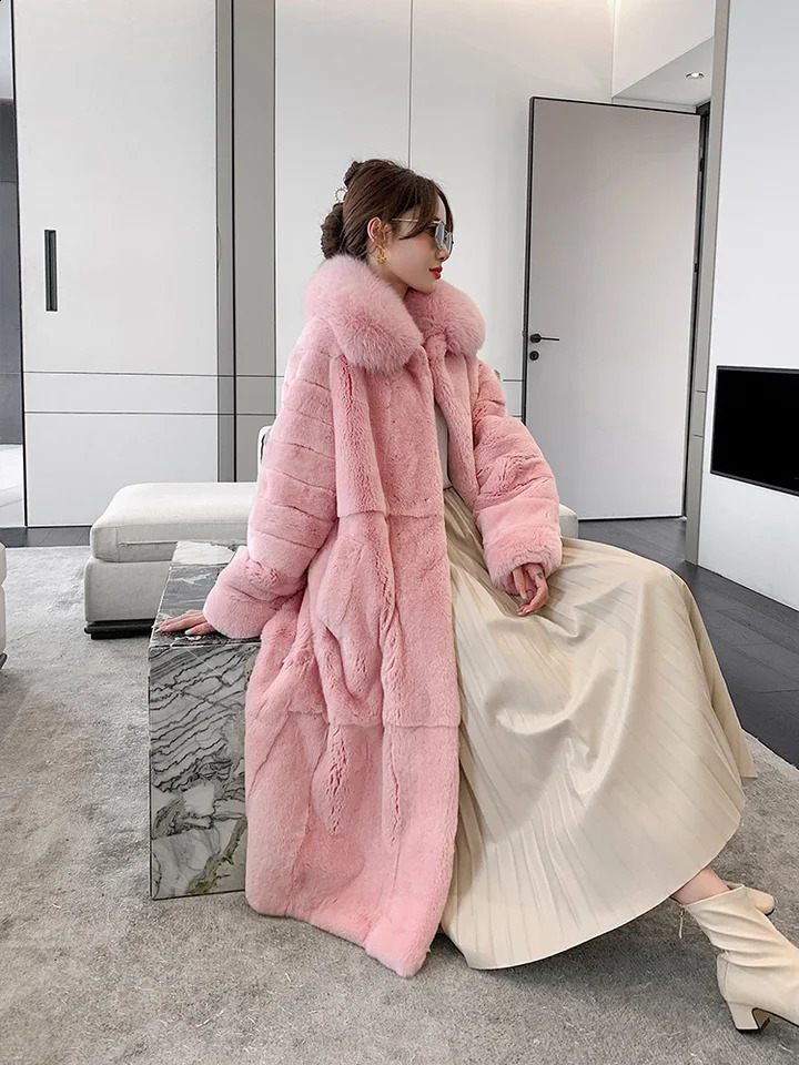 Autumn and Winter Womens Rex Rabbit Fur Water Pink Long Coat Imported Fur Integrated Fox Fur Collar 251027