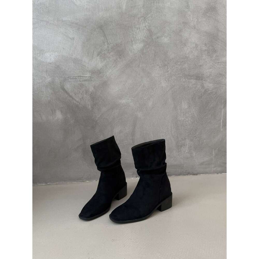 2025 Autumn Winter New Korean Style Boots - Women's Designer Frosted Leather Chunky Mid-Heel, Comfortable Slouchy Short Fashion Boots