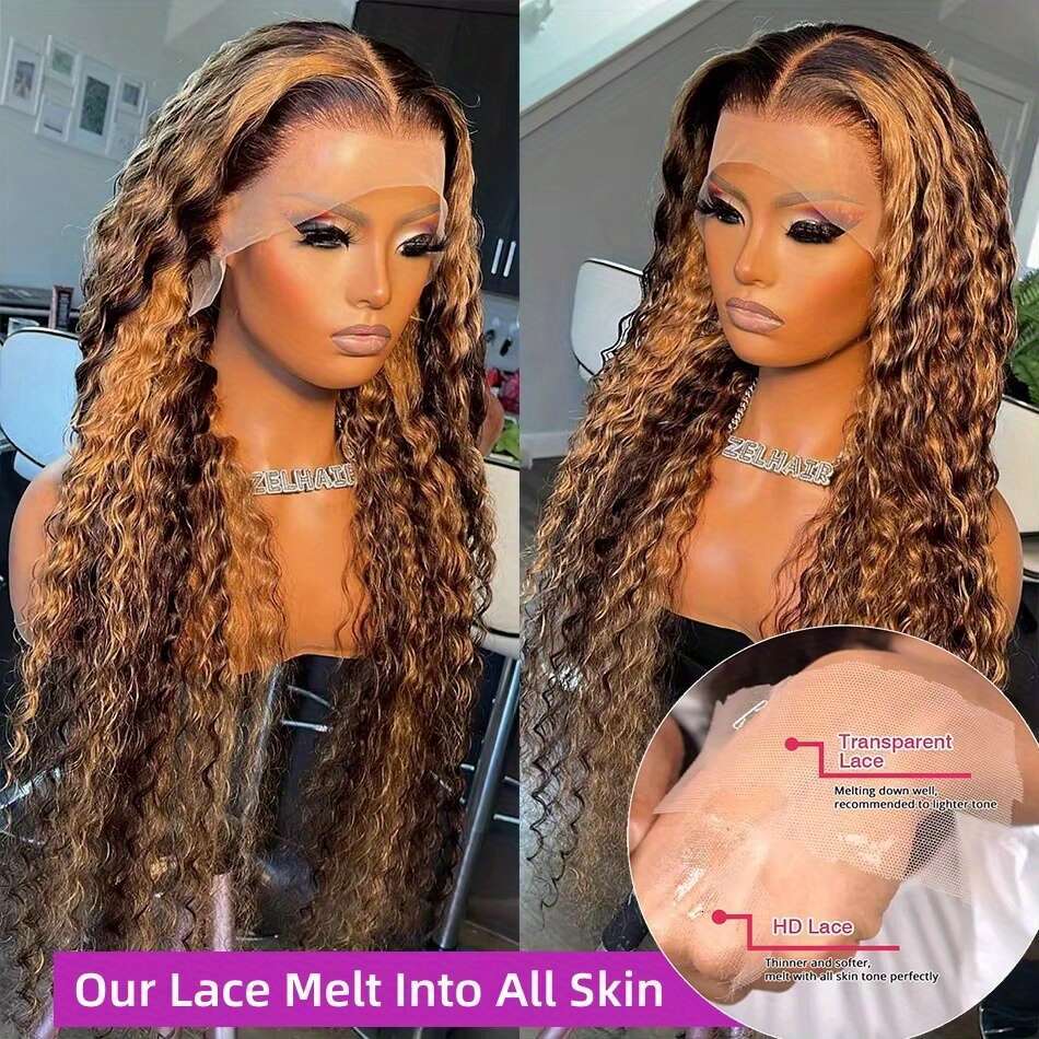 250% Density 13X4 HD Transparent Lace Front Human - Ombre Honey Blonde To Darker Brown Kinky Deep Curly With Pre-Plucked Baby Hair, Vacation Style Nat