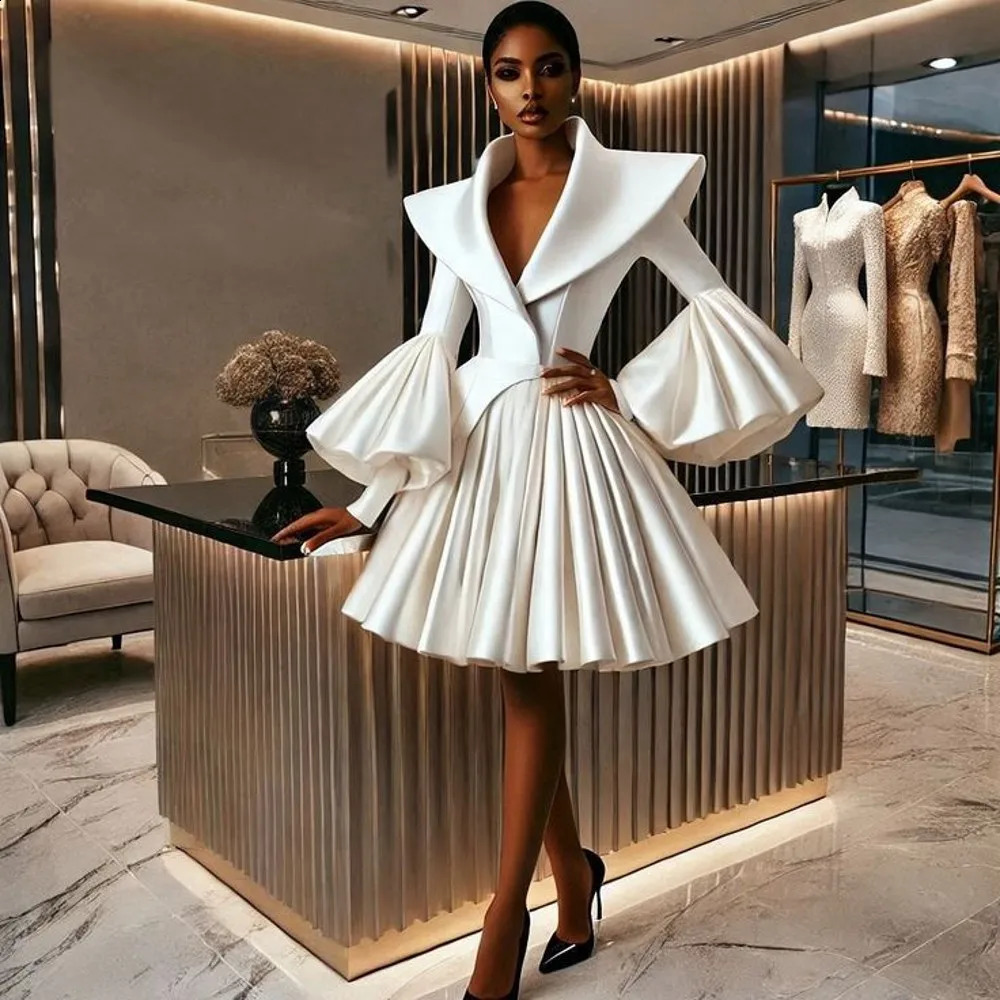 Elegant White Kinee Length Women Blazer Dresses Flare Sleeves Folded Midi Female Party Dress Maxi Dress 251020