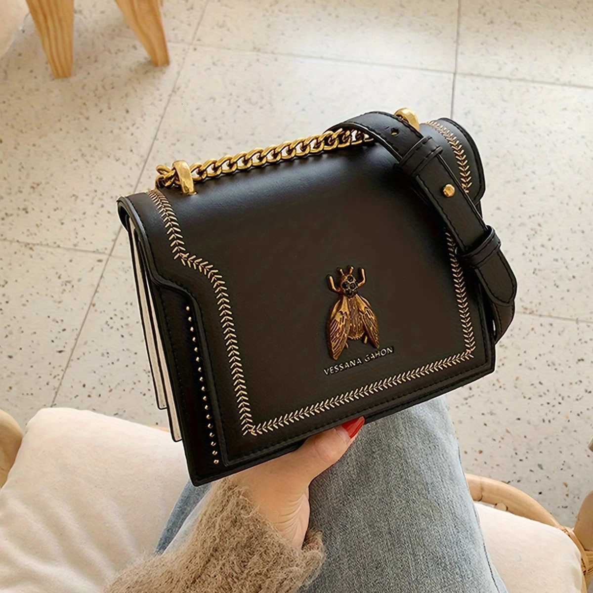 New fashion retro bee decorative pattern shoulder bag square bag metal chain decorative crossbody bagT251028