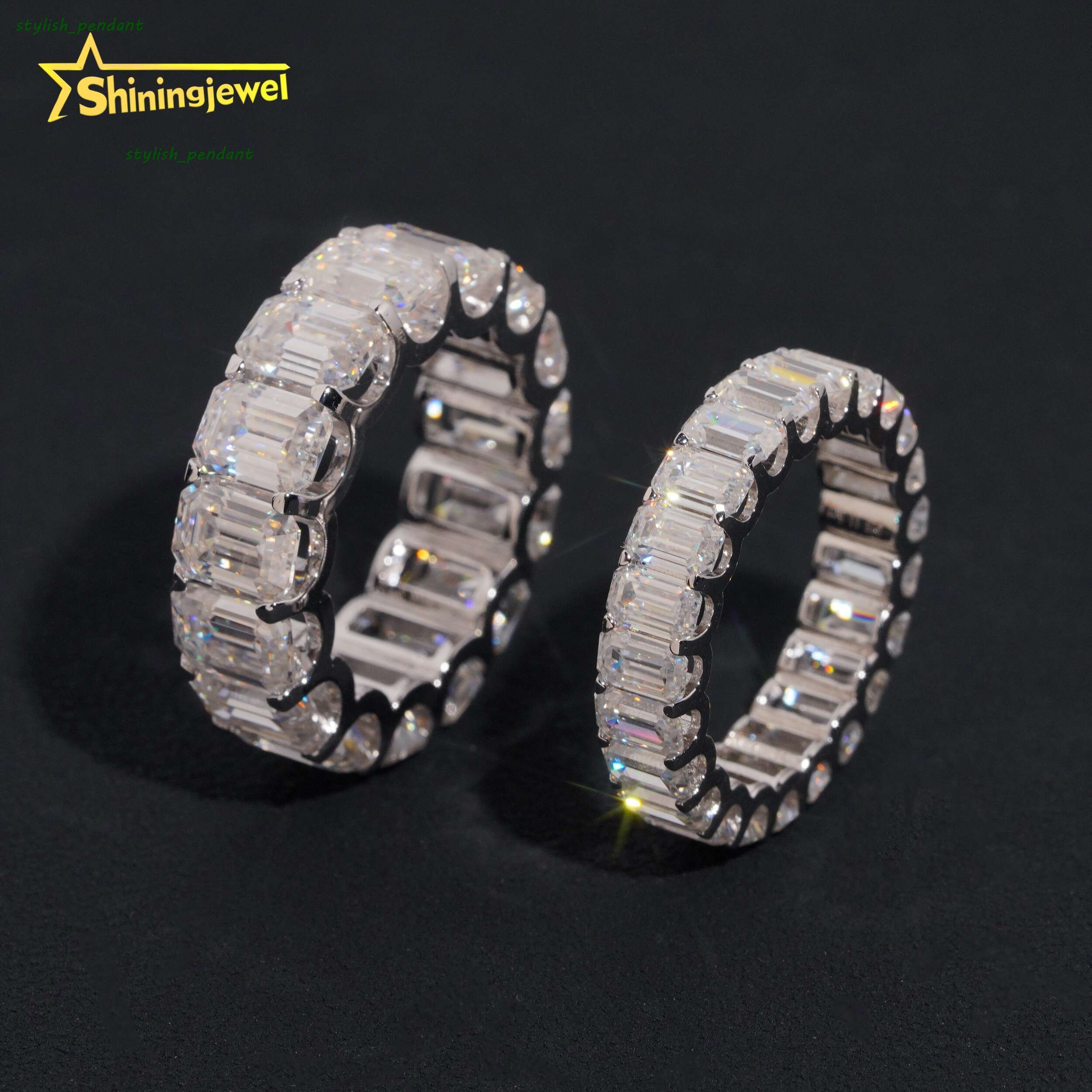 Wedding Jewelry VVS Moissanite Bands Bling 925 Sterling Silver 5x7 3x5 Emerald Eternity Band Ring Engraving Service Available