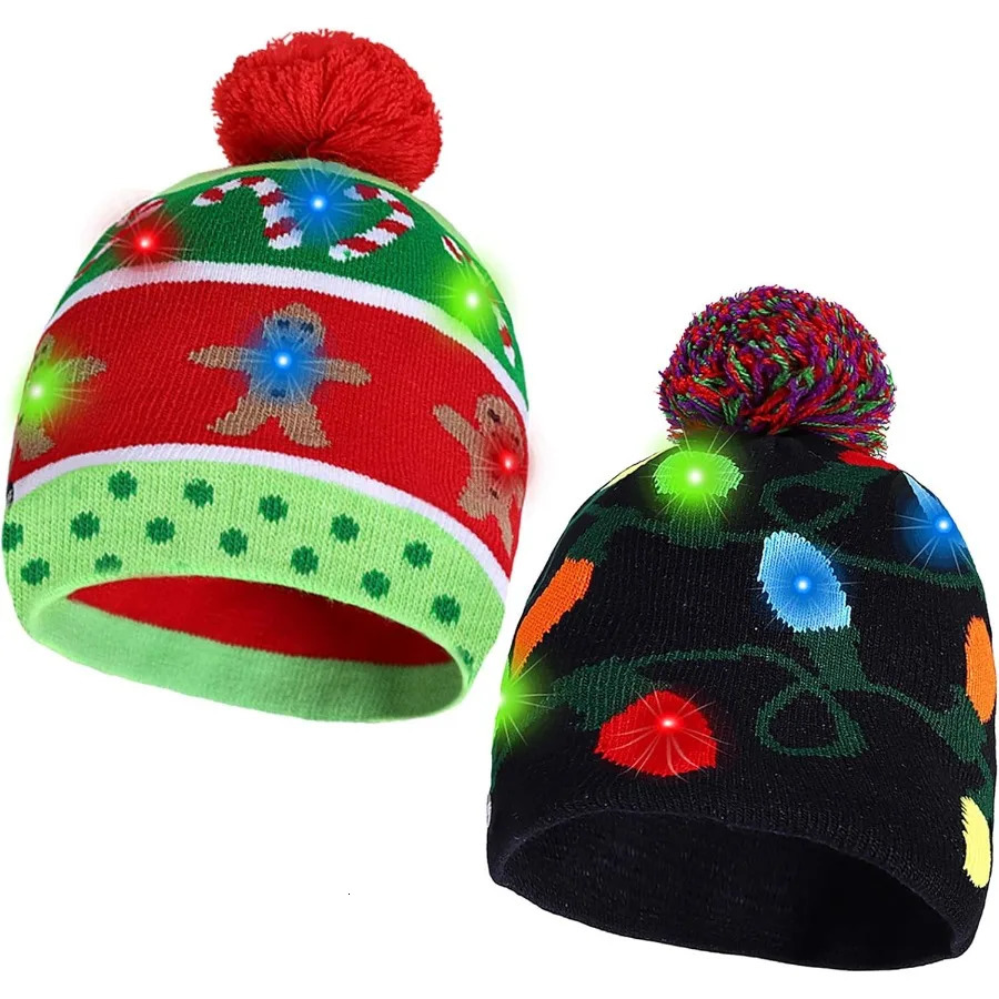 2 Pack Christmas LED Lightup Knitted Beanie Hat Colorful Flashing Holiday Xmas Christmas Party Supplies for Festive Events Outd 251024