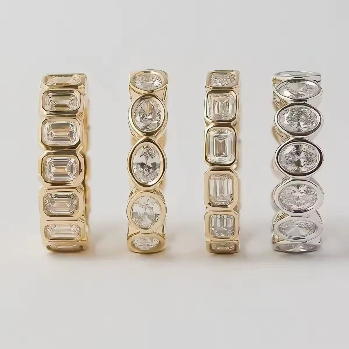 Fine Jewelry Women 14K Yellow Gold Emerald Cut Eternity Rings Moissanite Diamond Ring