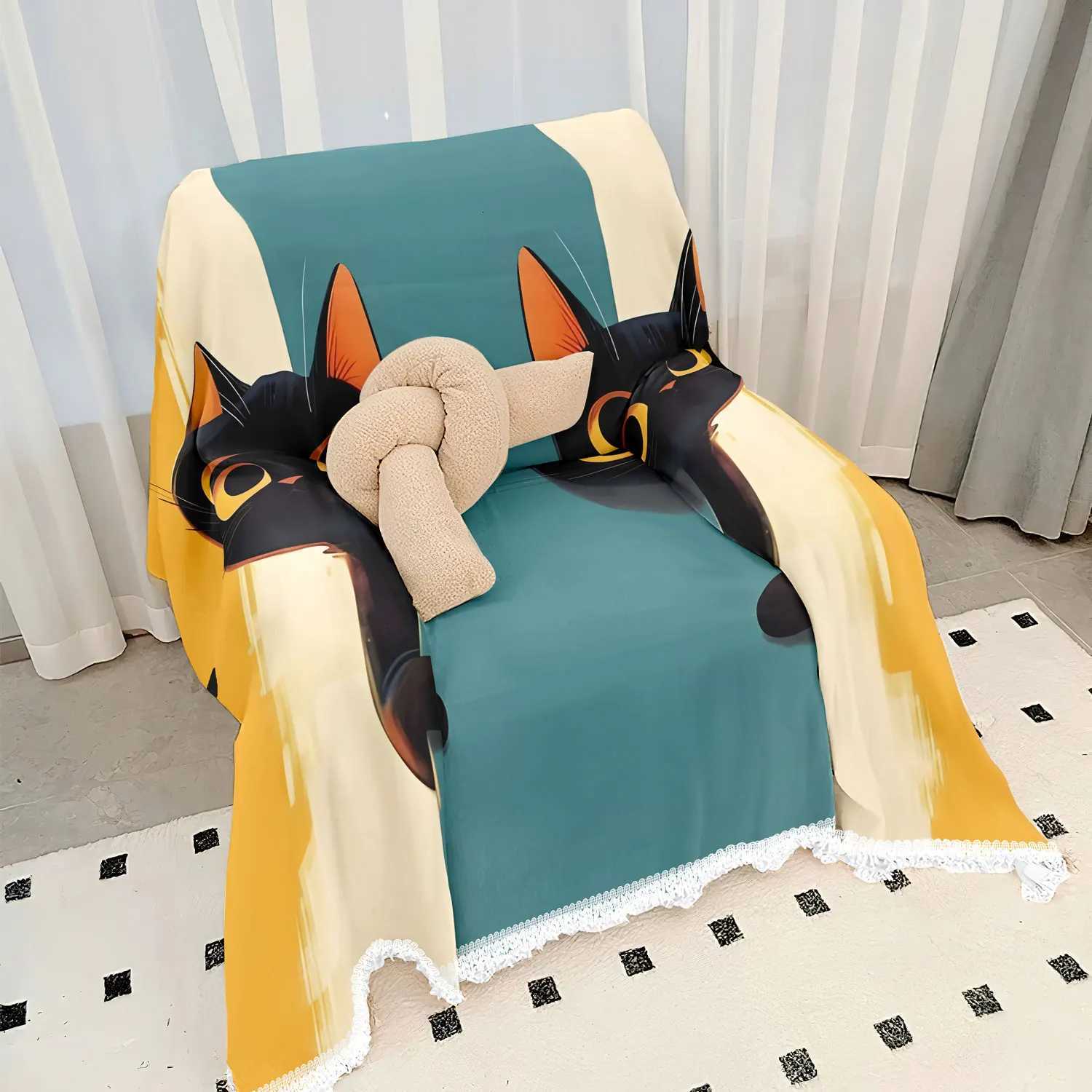 1234seater Blue and yellow patchwork design black cat print sofa cover tassel design washable sofa cover C251028