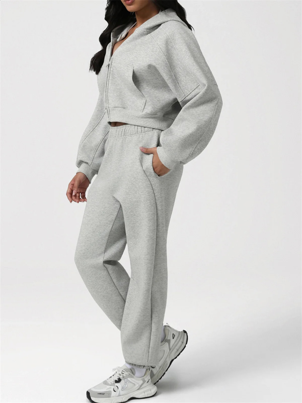 Autumn Winter Loose Fitness Sets Womens Tracksuit Long Sleeve Zipper Hoodies Jacket High Waist Pocket Sweatpants Sports Suits 251027