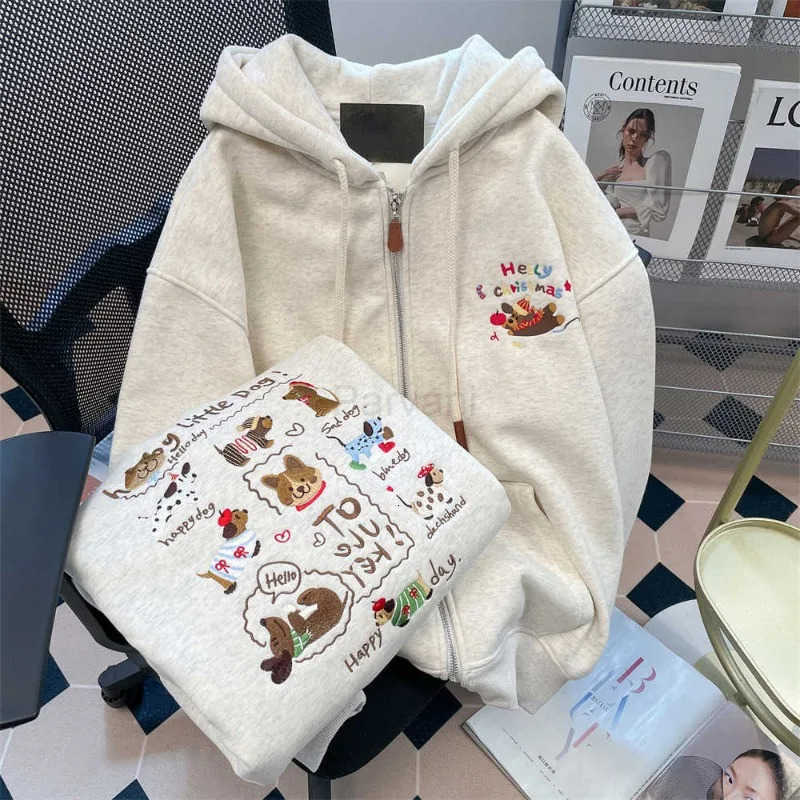 Sanrio Autumn and Winter Versatile Cute Heavy Industry Embroidered Dog Hoodie Cardigan Womens Lazy Style Loose Casual Hooded Jacket L251028