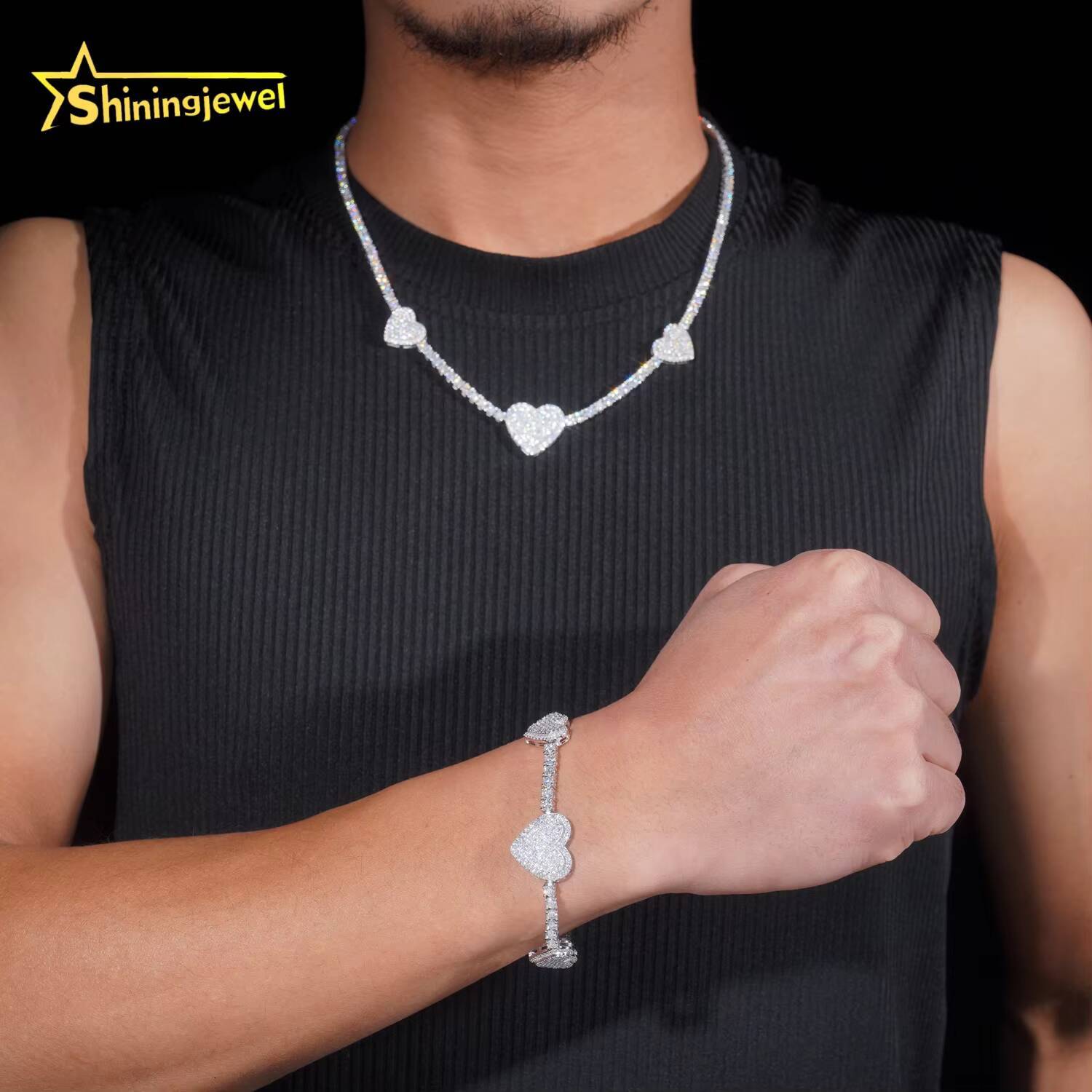 Fine Jewelry Iced Out 925 Silver Heart Style 3MM Moissanite Tennis Necklace High Quality Custom Moissanite Tennis Chain for Men