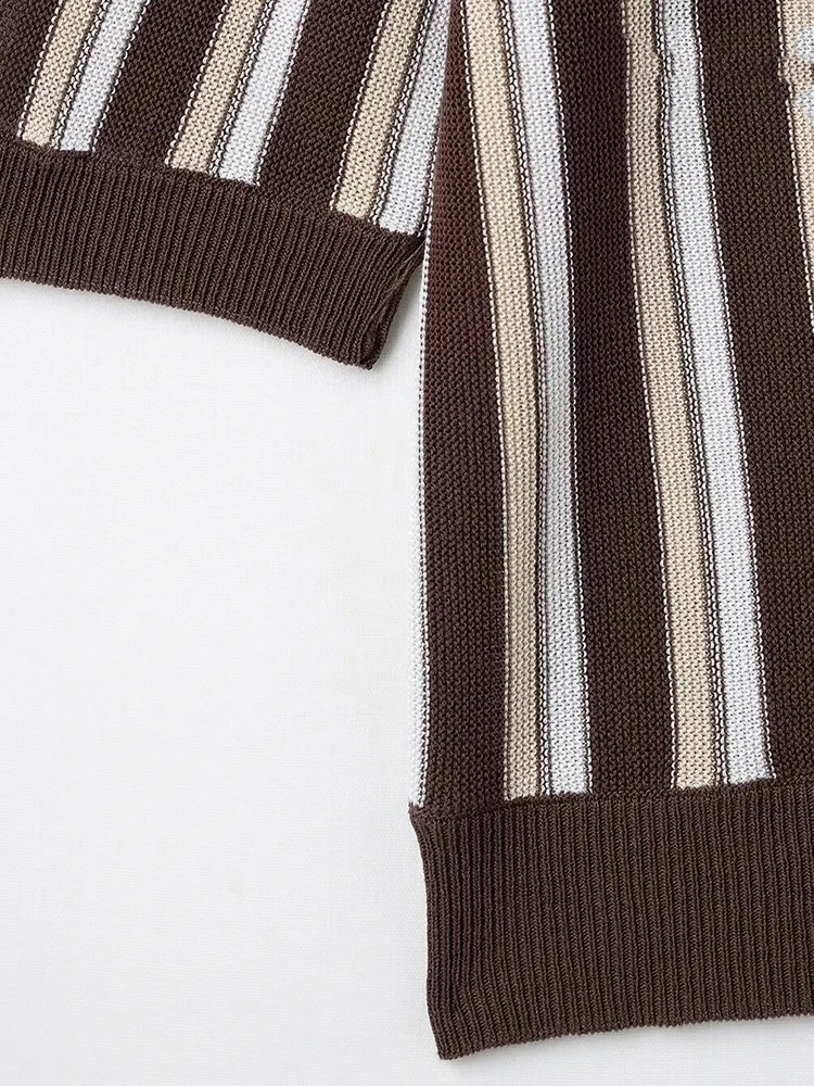 Womens Fashion Simple Slouchy Crash Color Stripe Short Sleeve Single Breasted Knit Polo Top Casual Everyday Versatile Top 251027