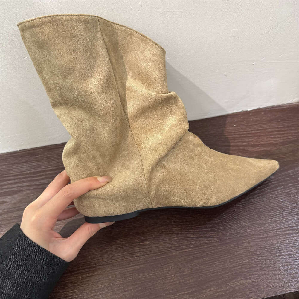 Women's 2025 Autumn Slim High-Heel Boots - Designer Khaki Slouchy Short Boots, Single Pointed Toe with Inner Height Increase
