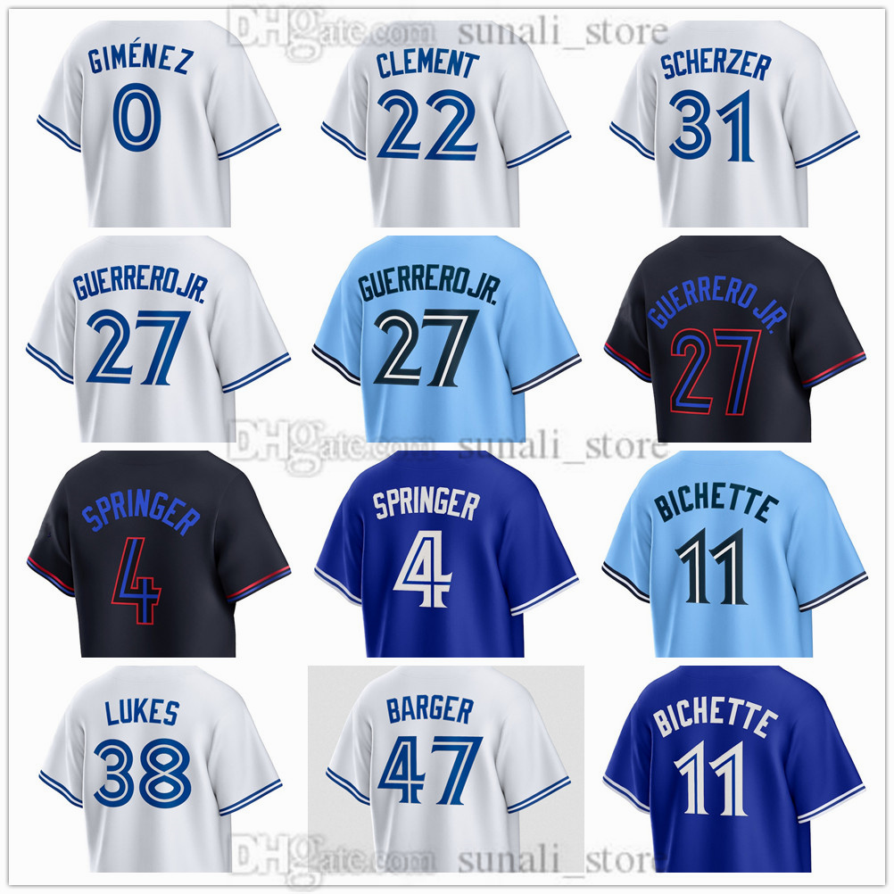 Men's XS-6XL Baseball Jerseys 27 Guerrero Jr. 0 Andres Gimenez 11 Bo Bichette 22 Ernie Clement 47 Barger 4 George Springer 31 Max Scherzer 38 Nathan Lukes 30 Alejandro Kirk