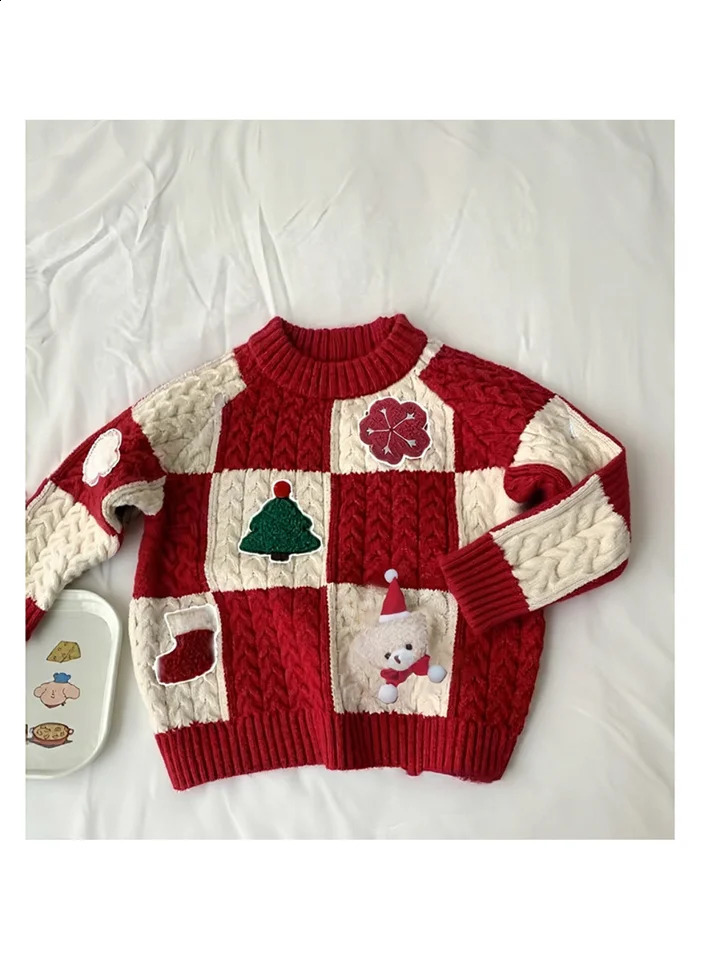 Childrens Red Sweater with Cartoon 3D n for Christmas Years Day and Years Eve Knitted Pullover for Boys and Girls 251027