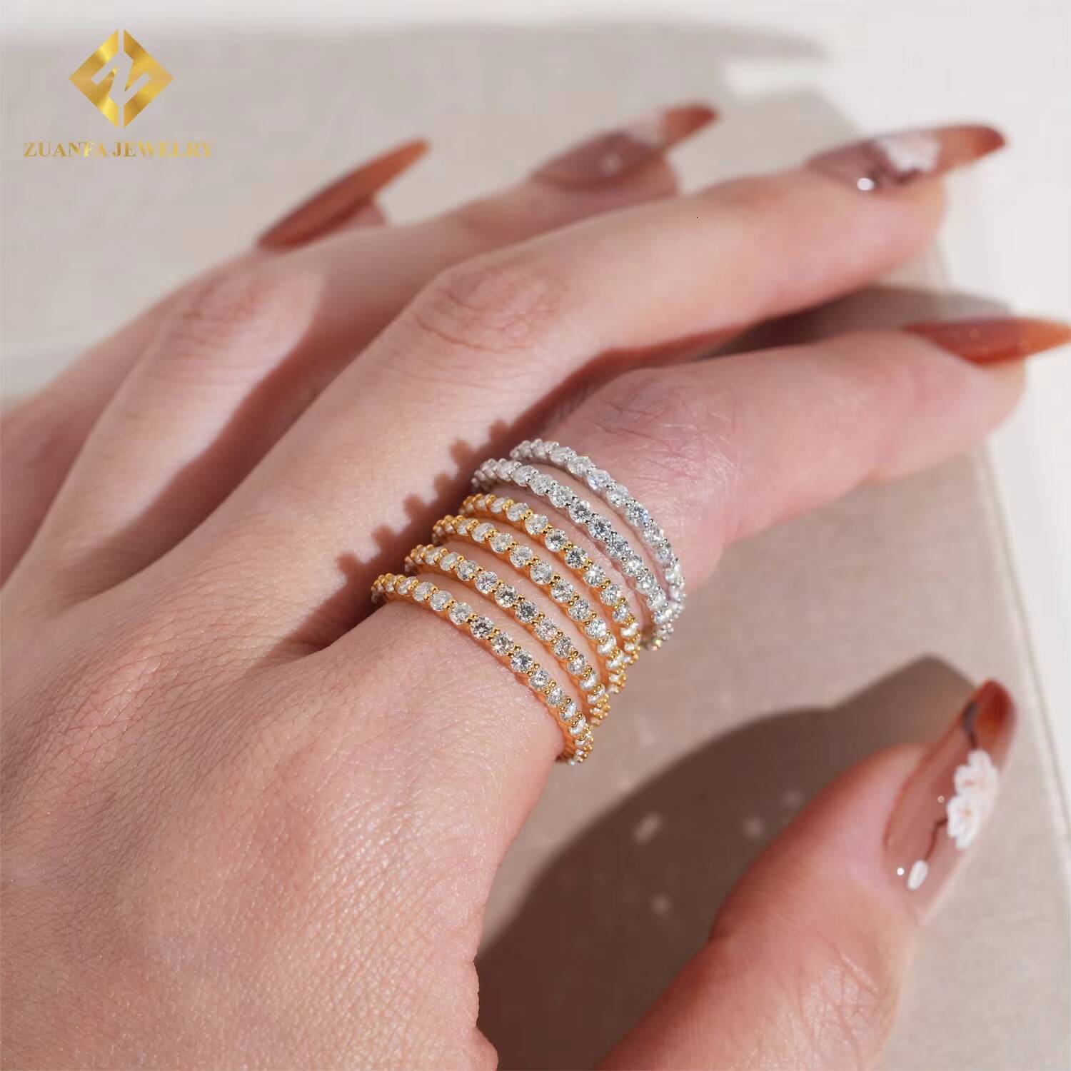 2mm Round Cut Moissanite Diamond Thin Hoop Ring 1 Row Women 925 Silver Moisasnite Hip Hop Ring Iced Out Eternity Ring