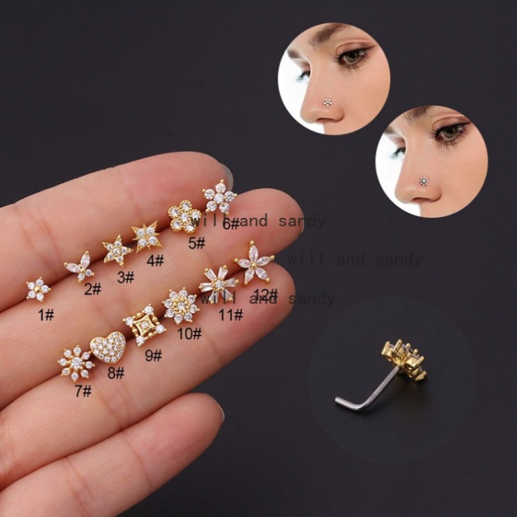 Fashion Anti Allergy Stainless Steel Bar Nose Rings Studs Silver Gold Zircon Flower Love Heart Star Nose Stud for Women Girls Fashion Jewelry Body Piercing Jewelry