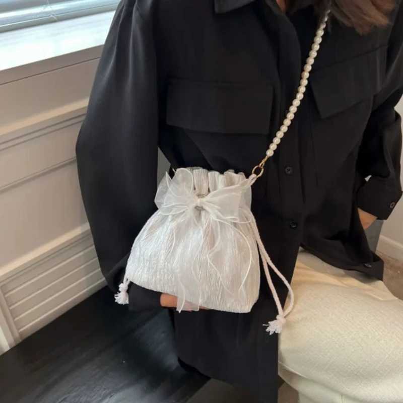 Lace Bow Bucket Crossbody Bags for Women Fashion Sweet Pearl Beading Pouch Ins Ladies Shoulder Handbags Allmatch Fairy SimpleW251028