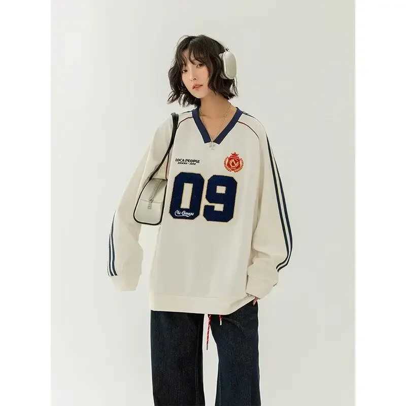 Loose Long Sleeve VNeck Hoodie Unisex Spring Autumn New Style American Hip Hop Embroidery Sweatshirt Couple Matching Top J251028