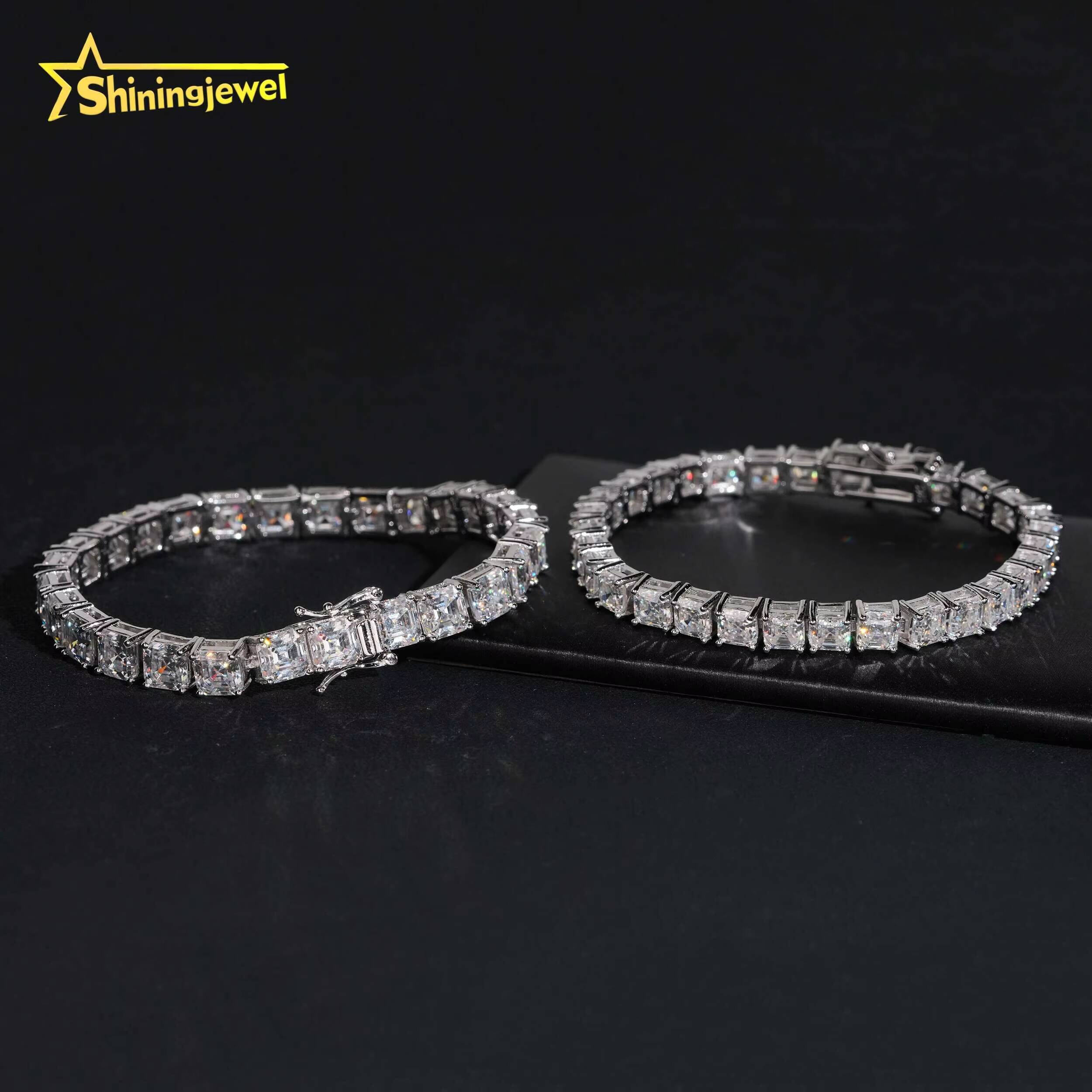 New Design Hip Hop Jewelry Luxury Bracelets Solid 925 Sterling Silver Asscher Cut 5MM 6MM Tennis Bracelet