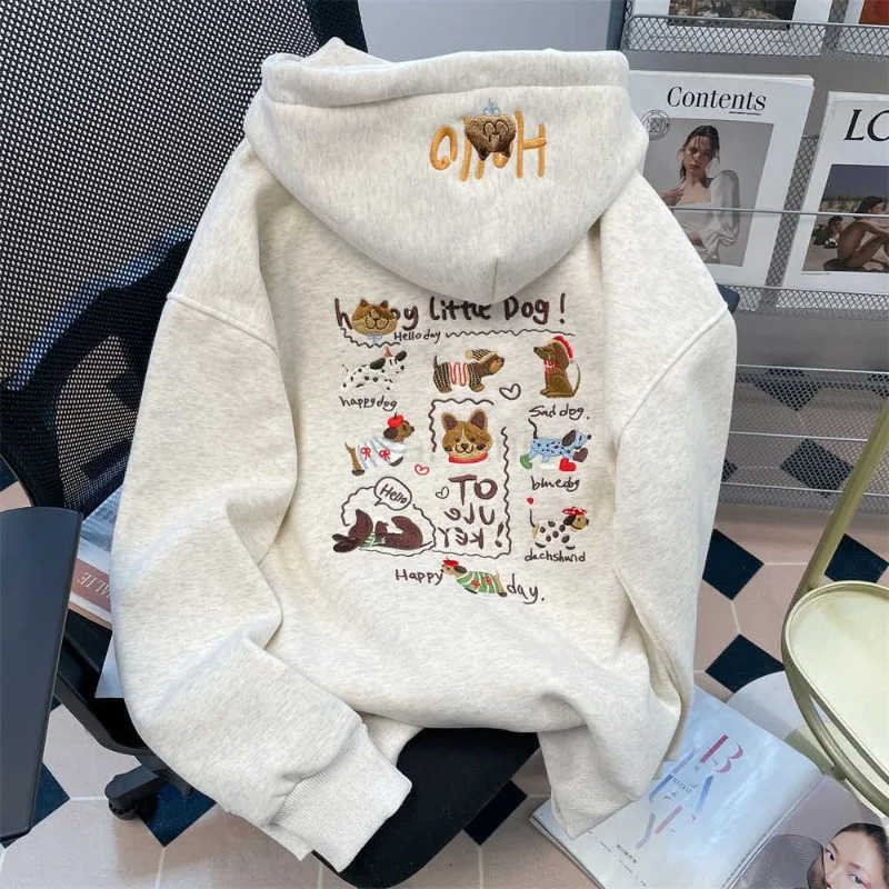 Sanrio Autumn and Winter Versatile Cute Heavy Industry Embroidered Dog Hoodie Cardigan Womens Lazy Style Loose Casual Hooded Jacket L251028