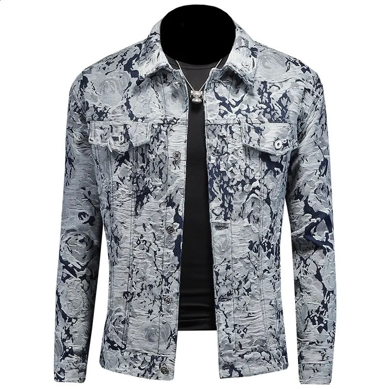 High Quality Spring Autumn Mens Denim Jacket Casual Long Sleeve Single Breasted Ripped Lapel Trendy Jacquard Plus Size 251017