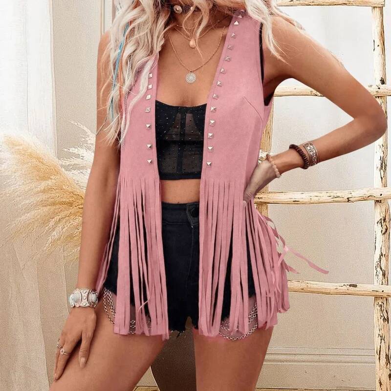 Xingqing y2k Waistcoat Women Cowgirl Clothes Open Front Sleeveless Faux Suede Rivet Tassel Jacket Vest Hippie Costumes dongdumaoyi