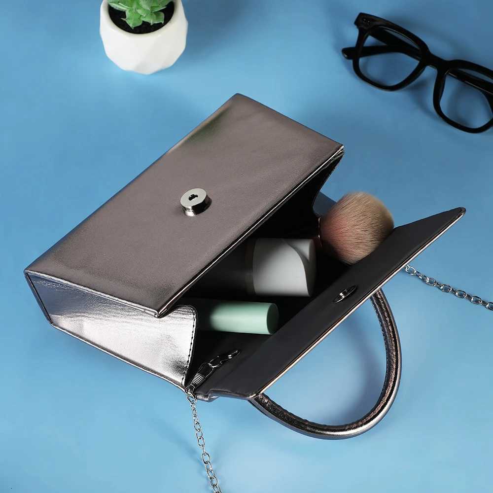 Gun Gray Leather Dinner Bag with Metal Chain Shoulder Strap for Banquet Party Travel Outing Small Items Storage H251027